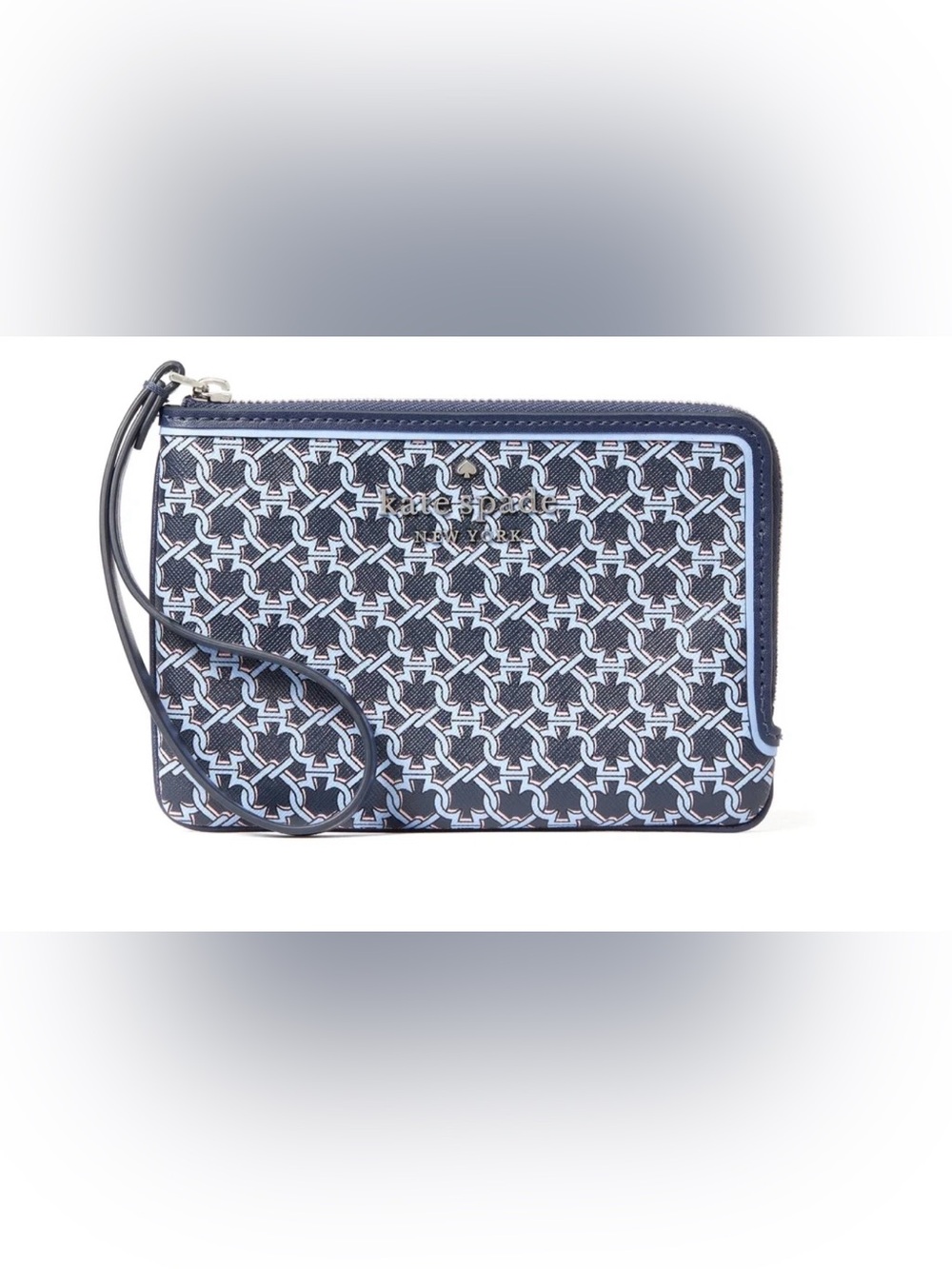 Kate Spade New York Spade Link Saffiano PVC Mini L-Zip Wristlet Blue Geometric